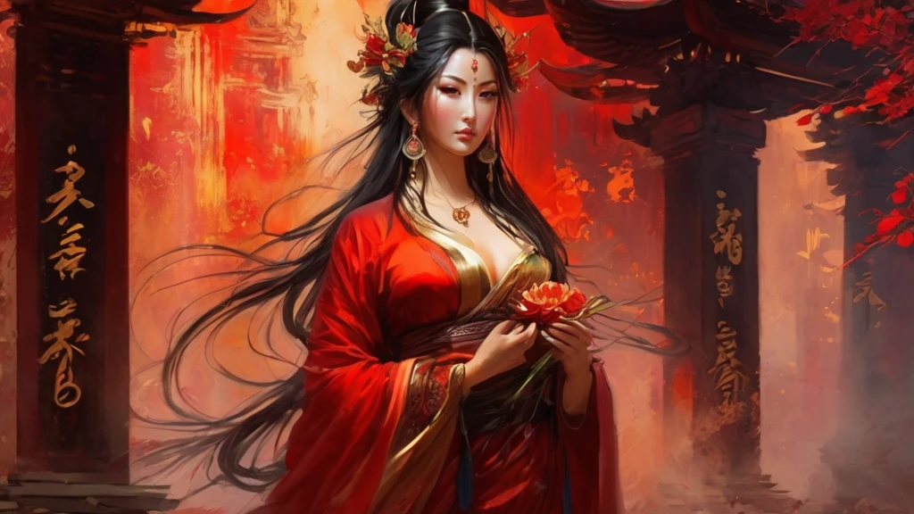 <lora:benevolence-000004>,1girl,solo,breasts,black hair,ring,long hair,jewelry,cleavage,medium breasts,red theme,architecture,east asian architecture,solo,letterboxed,flower,jewelry,