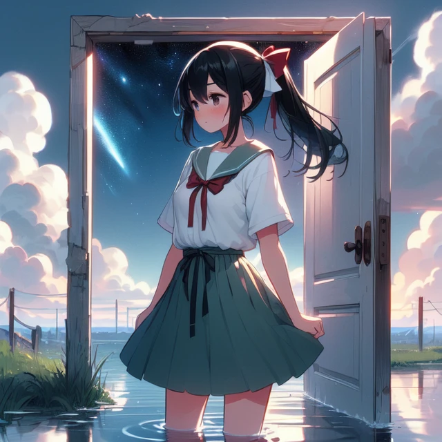 (((masterpiece))), (((best quality))), (open door:1.05), (night sky inside frame:1.15), ((standing in water)), ((light black hair)), (((ponytail)), white shirt, green pleated skirt, (red thin bow), solo, 1girl, big tits, ribbon, shy, blush, slim figure, ((ruin)), ((cloud)), (((outdoor:1.3))), (((school:1.3))), (((makoto shinkai style:1.3))), <lora:girllikeopendoor:1>,