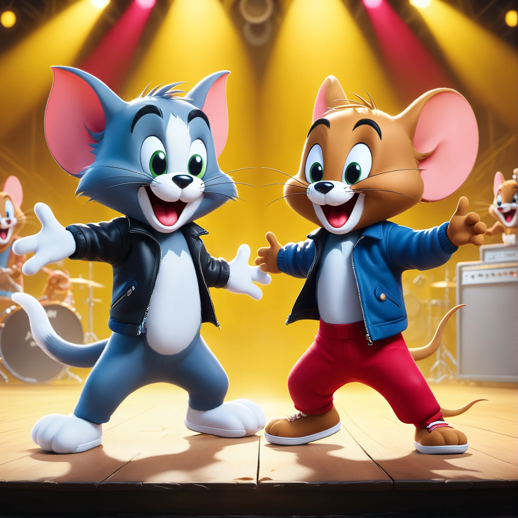 cute Tom&Jerry, two animated characters (Tom cat and Jerry mouse from the cartoon "Tom and Jerry"). Tom the cat is wearing a black leather jacket and red trousers, while Jerry the mouse is wearing a white sweater and blue jeans. They both smile and enjoy dancing, while the cat gestures with one hand and the mouse holds the microphone. The background is filled with stage lights.