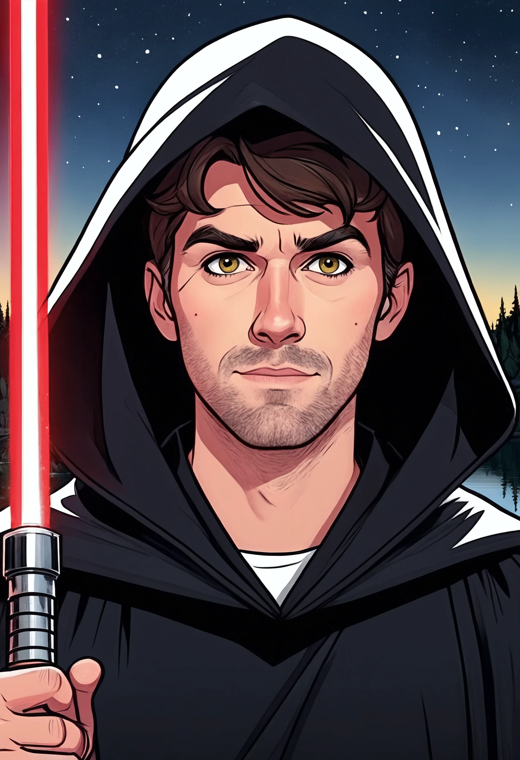 2d drawing, hand-drawn cartoon, hanna barbera style, color image, AndrwTggrt, male, 33 years old, black robes, hood over head, holding a red lightsaber, yellow eye color, close up, styled brown hair, lake background, looking at viewer, Star Wars