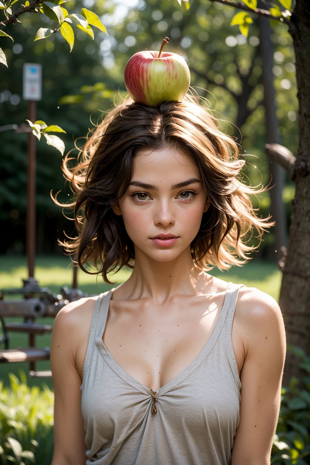 A woman with an apple balanced on her head standing in front of an archery target, emb-daisy, short brown hair, light brown eyes, apple on head, archery target behind her