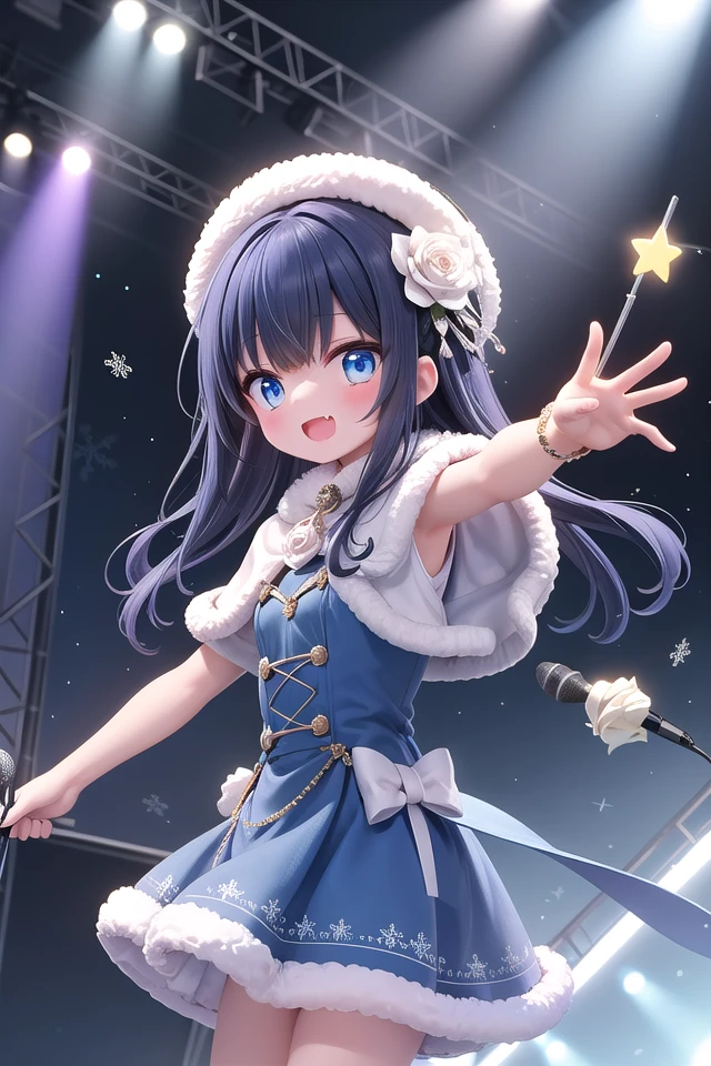 girl,audience,blue capelet,blue dress,blue eyes,capelet,catwalk (walkway),dot nose,dress,dutch angle,fang,film grain,flower,from side,fur-trimmed capelet,fur-trimmed dress,fur trim,glowstick,hair down,hair flower,hair ornament,holding,holding microphone,idol,idol clothes,lens flare,long hair,looking at viewer,microphone,open mouth,outstretched arm,rose,smile,snowflakes,solo,sparkle,stage,stage lights,star (symbol),white flower,white rose ,