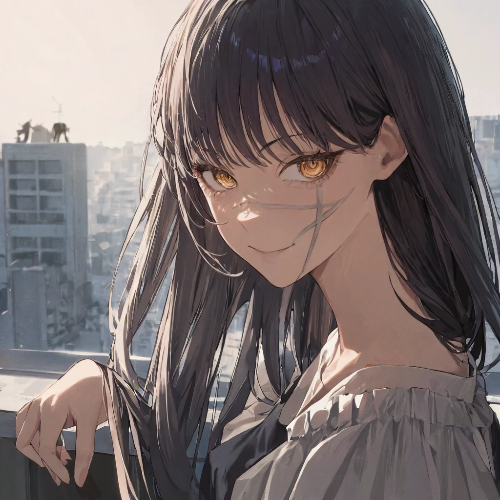 1girl, yoru, standing on rooftop, with a secret smile, portrait, looking at camera, (masterpiece), cinematic, beautiful light, best quality, newest, safe, absurdres <lora:yoru_xl_rev2:1>