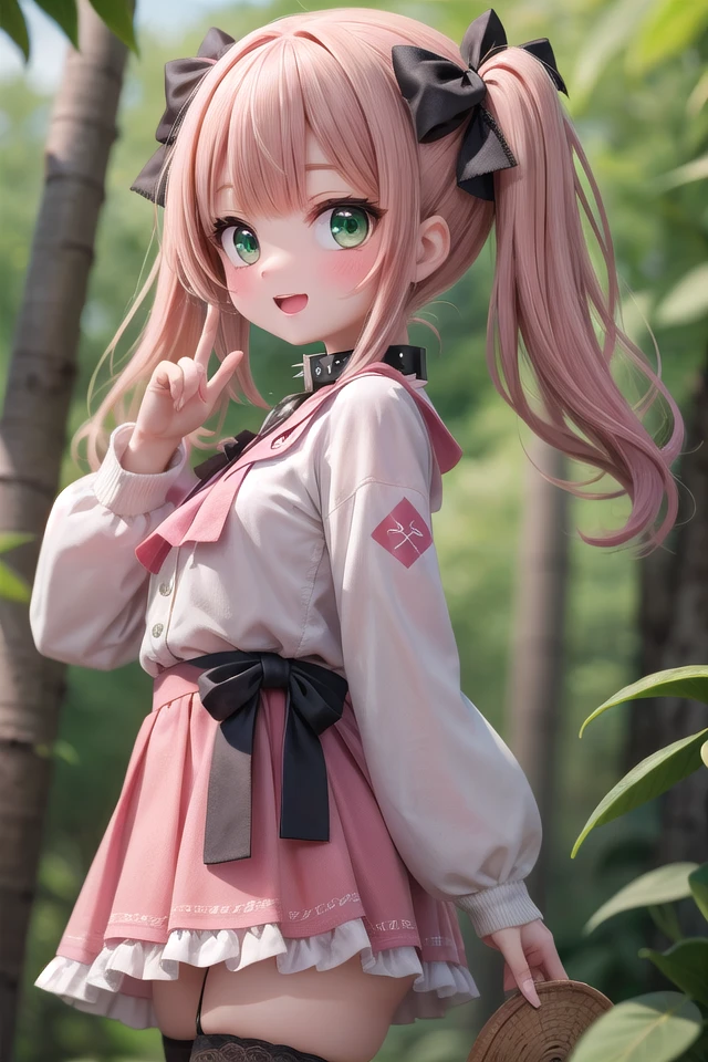 insanely detailed, absurdres, ultra-highres, ultra-detailed, best quality,
1girl, solo, nice hands, perfect hands
BREAK
jirai kei,thighhighs, skirt, twintails, pink skirt, collar, bow, black thighhighs, black bow, long hair, pink bow, hair bow, spiked collar
, (cleavage:-1.5)
BREAK
happy smile, laugh, open mouth
BREAK
from side,
standing, cowboy shot, looking at viewer
BREAK
slender, kawaii, perfect symmetrical face, ultra cute girl, ultra cute face, ultra detailed eyes, ultra detailed hair, ultra cute, ultra beautiful
BREAK
in forest, depth of field, ultra detailed background
BREAK
large breasts
BREAK
(red hair, green eyes), medium hair, hime cut