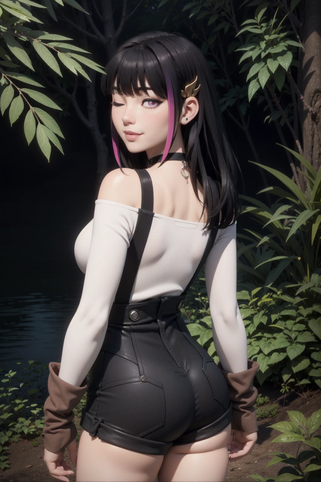 rouge redstar,1girl, black hair, solo, long hair, (pink eyes:1.1), blunt bangs,(black overall shorts), white off-shoulder shirt,suspenders,(straps:1.2), indian red arm warmers, ear ornament, black choker, long sleeves, looking at viewer,(one eye closed),slight smile,streaked hair, cowboy shot,japanse forest,from behind, looking back,outdoors,smile,nature.small breasts,from above,ass,(Maya 3d render:1.05), (masterpiece:1.3), (hires, high resolution:1.3), subsurface scattering <lora:rougue_redstar_v1_1:1>