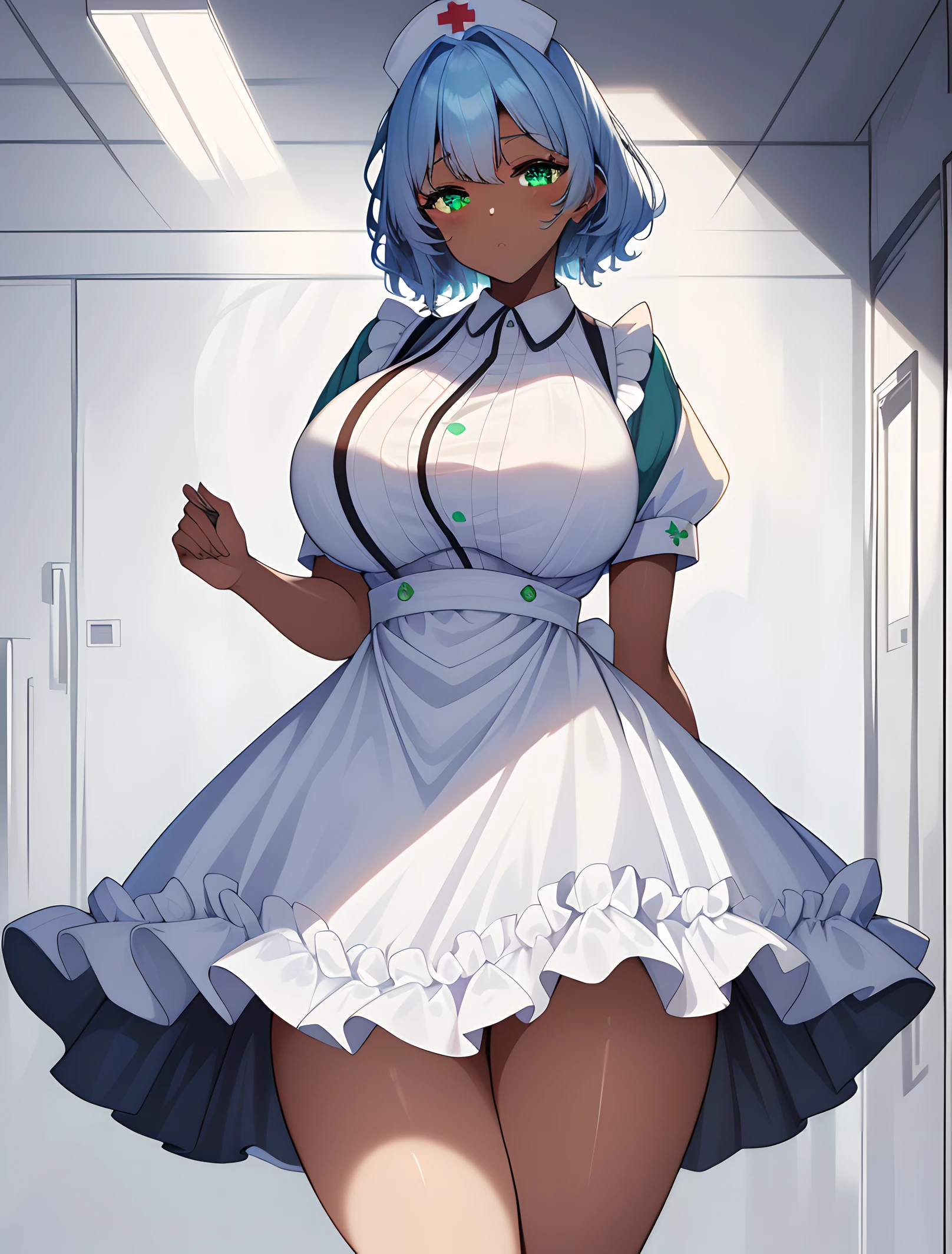 ((masterpiece, best quality, high quality)),1girl, ((lower body, hospital)),  <lora:Old Nurse Outfit:0.8> (nurse_old_style_01, apron, nurse cap, short sleeves, striped dress, puffy sleeves, vertical stripes, nurse, white apron, puffy short sleeves, pantyhose), <lora:Yukari Miyajima:0.7> (yukari miyajima, 3dcg_12, 1girl, solo, dark-skinned female, dark skin, huge breasts, short hair, blue hair, green eyes, bangs),