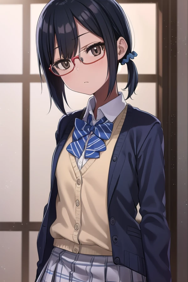 shihosayama, <lora:shiho sayama manga-lora-nochekaiser:1>,
shiho sayama, black hair, (brown eyes:1.5), glasses, twintails, short hair, scrunchie, hair scrunchie, red-framed eyewear,
BREAK skirt, shirt, long sleeves, bow, school uniform, pleated skirt, shoes, socks, bowtie, blue bow, cardigan,
BREAK indoors, classroom,
BREAK looking at viewer, (cowboy shot:1.5),
BREAK <lyco:GoodHands-beta2:1>, (masterpiece:1.2), best quality, high resolution, unity 8k wallpaper, (illustration:0.8), (beautiful detailed eyes:1.6), extremely detailed face, perfect lighting, extremely detailed CG, (perfect hands, perfect anatomy),