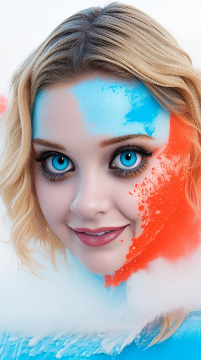 <lora:Sexy-American-Blonde:1> blonde wavy hair, blue eyes, clean face, red powder, white powder and deep blue powder splashes on background, high quality photography, <lora:powder_v1.0:1>
