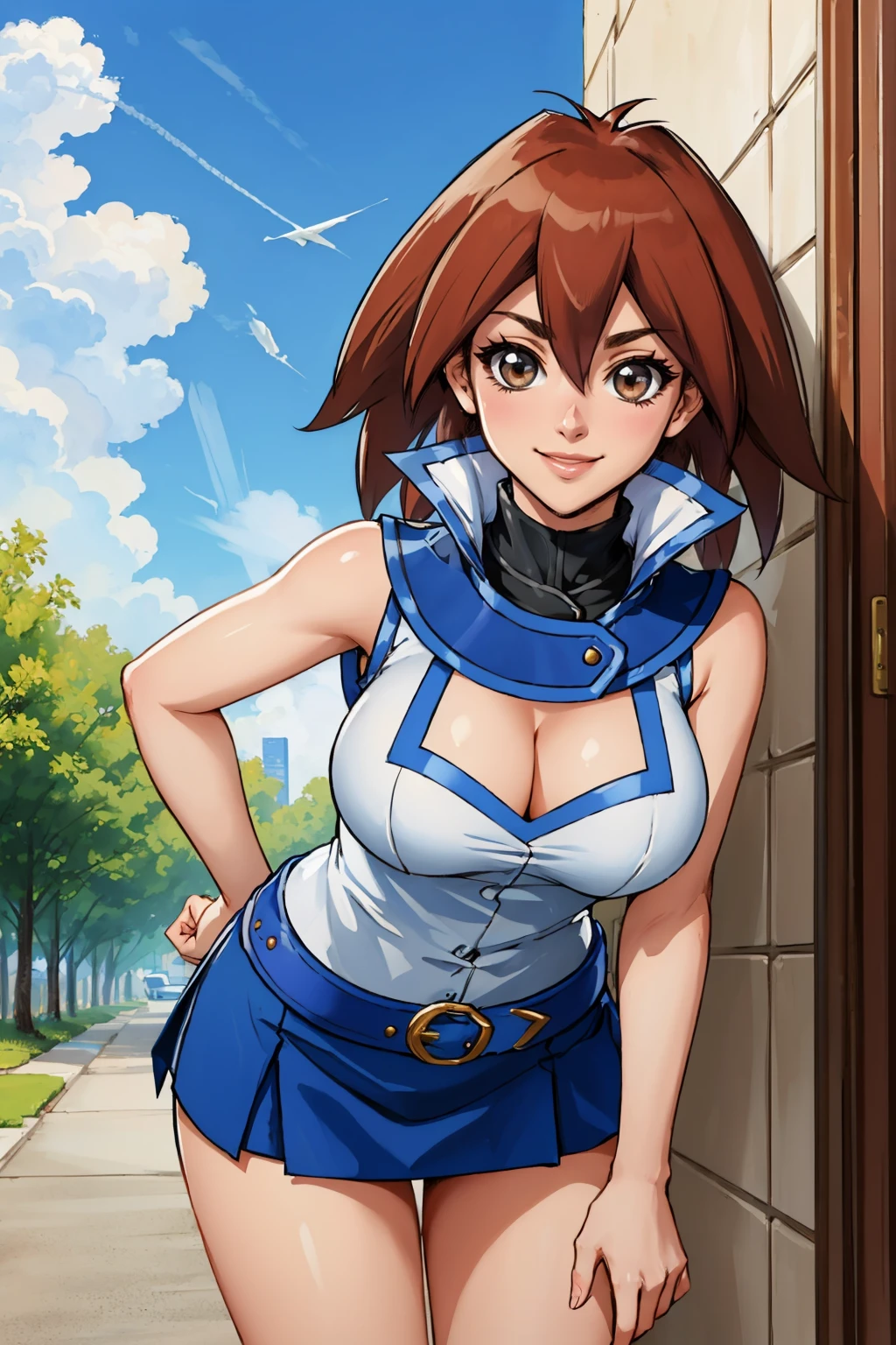 masterpiece, best quality, <lora:makuradajunko-nvwls-v1-000009:0.8> makurada junko, turtleneck, white vest, sleeveless, high collar, belt, blue miniskirt, large breasts, cleavage, unbuttoned, smile, leaning forward, sky