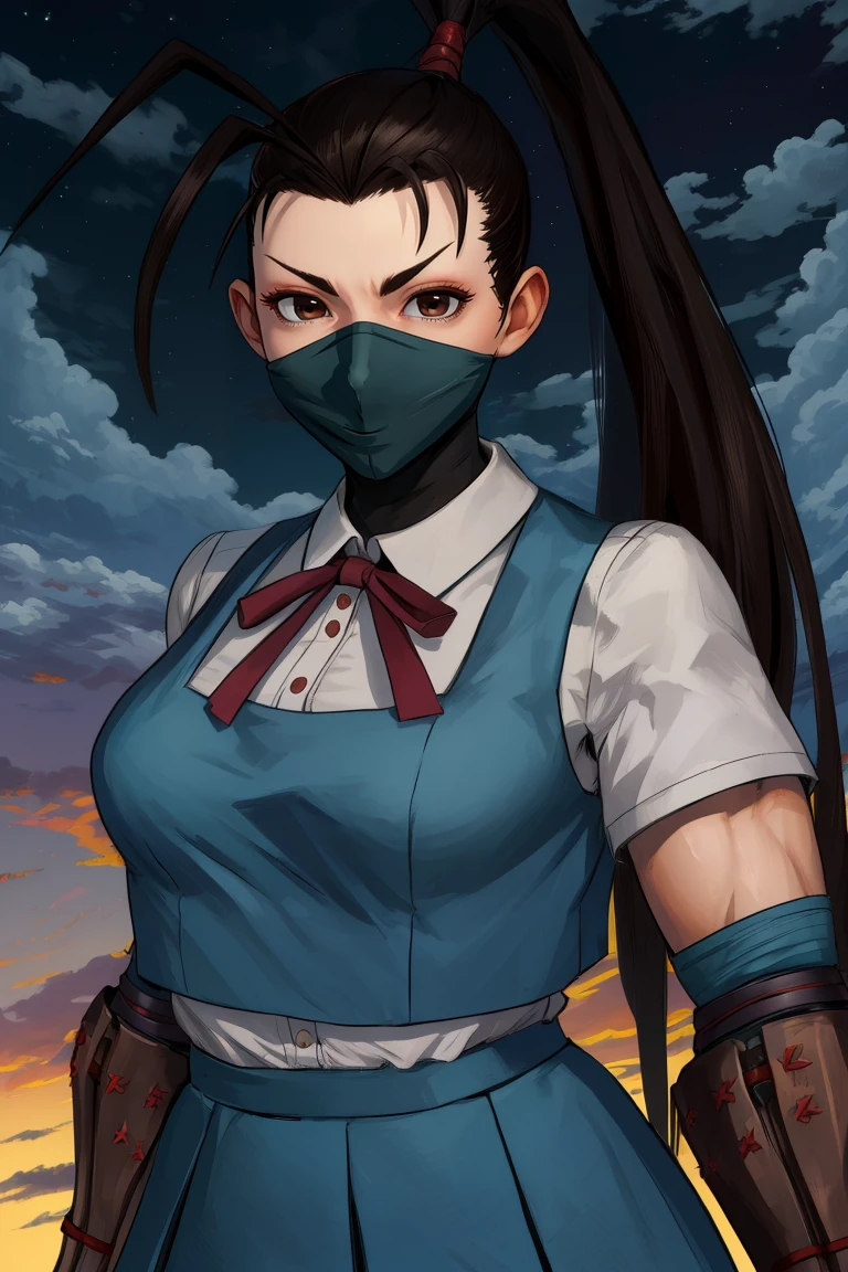ibuki,black hair,brown eyes,long hair,high ponytail,
school uniform,mouth mask,gauntlets,looking at viewer,
standing,upper body,
night,cloudy sky,
(insanely detailed, masterpiece, best quality),solo,<lora:ibukiSF5:0.8>,