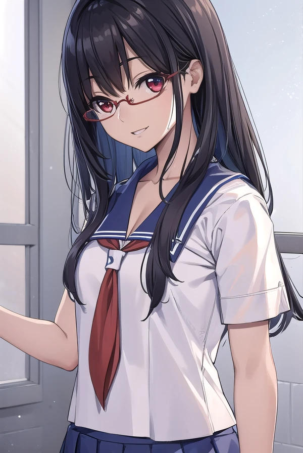 mikahayashi, <lora:mika hayashi manga-lora-nochekaiser:1>,
mika hayashi, glasses, black hair, (red eyes:1.3), long hair, smile,
BREAK skirt, school uniform, pleated skirt, serafuku, neckerchief,
BREAK indoors, classroom,
BREAK looking at viewer, (cowboy shot:1.5),
BREAK <lyco:GoodHands-beta2:1>, (masterpiece:1.2), best quality, high resolution, unity 8k wallpaper, (illustration:0.8), (beautiful detailed eyes:1.6), extremely detailed face, perfect lighting, extremely detailed CG, (perfect hands, perfect anatomy),