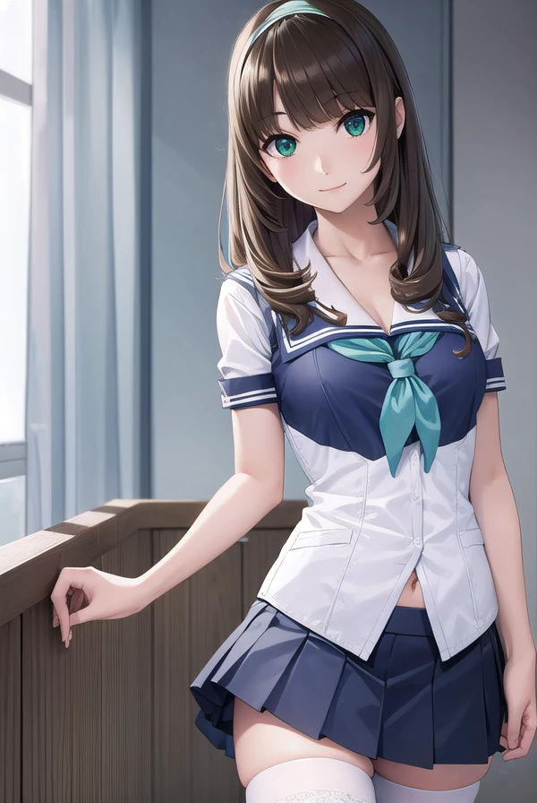 chitosenishina, <lora:chitose nishina manga-lora-nochekaiser:1>,
chitose nishina, long hair, brown hair, (green eyes:1.3), bangs, blunt bangs, smile,
BREAK skirt, thighhighs, navel, cleavage, school uniform, pleated skirt, hairband, shoes, serafuku, black thighhighs, black skirt, zettai ryouiki, neckerchief, bow, hair bow,
BREAK indoors, classroom,
BREAK looking at viewer, (cowboy shot:1.5),
BREAK <lyco:GoodHands-beta2:1>, (masterpiece:1.2), best quality, high resolution, unity 8k wallpaper, (illustration:0.8), (beautiful detailed eyes:1.6), extremely detailed face, perfect lighting, extremely detailed CG, (perfect hands, perfect anatomy),