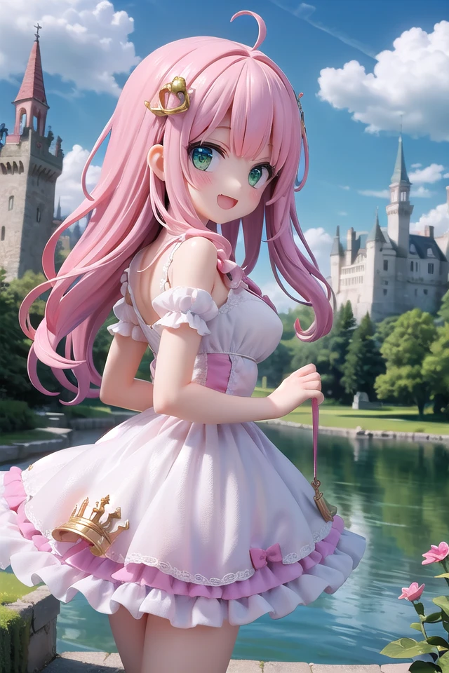 insanely detailed, absurdres, ultra-highres, ultra-detailed, best quality,
1 girl, solo, nice hands, perfect hands,
BREAK,
(wearing princess dress), teara,
happy smile, laugh, open mouth,
standing,
from side, cowboy shot, looking at viewer,
BREAK,
slender, kawaii, perfect symmetrical face, ultra cute girl, ultra cute face, ultra detailed eyes, ultra detailed hair, ultra cute, ultra beautiful,
BREAK,
fantasy world, (castle in background, lake:1.3), (very wide, panorama view, sense of depth, magnificent view:1.3)
BREAK,
princess girl, pink hair, green eyes, medium breasts