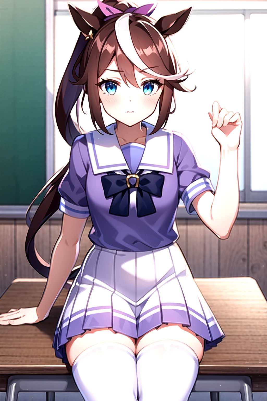 <lora:ToukaiTeio-05:0.8>, EBToukaiTeio, 1girl, solo, long hair, looking at viewer, blush, blue eyes, skirt, brown hair, shirt, thighhighs, bow, ribbon, animal ears, hair between eyes, closed mouth, school uniform, tail, ponytail, white hair, short sleeves, pantyhose, pleated skirt, serafuku, puffy sleeves, miniskirt, bowtie, sailor collar, white thighhighs, puffy short sleeves, streaked hair, white skirt, horse ears, high ponytail, horse girl, horse tail, purple shirt, sailor shirt, tracen school uniform, summer uniform, horseshoe ornament, indoors, school, classroom, looking at viewer