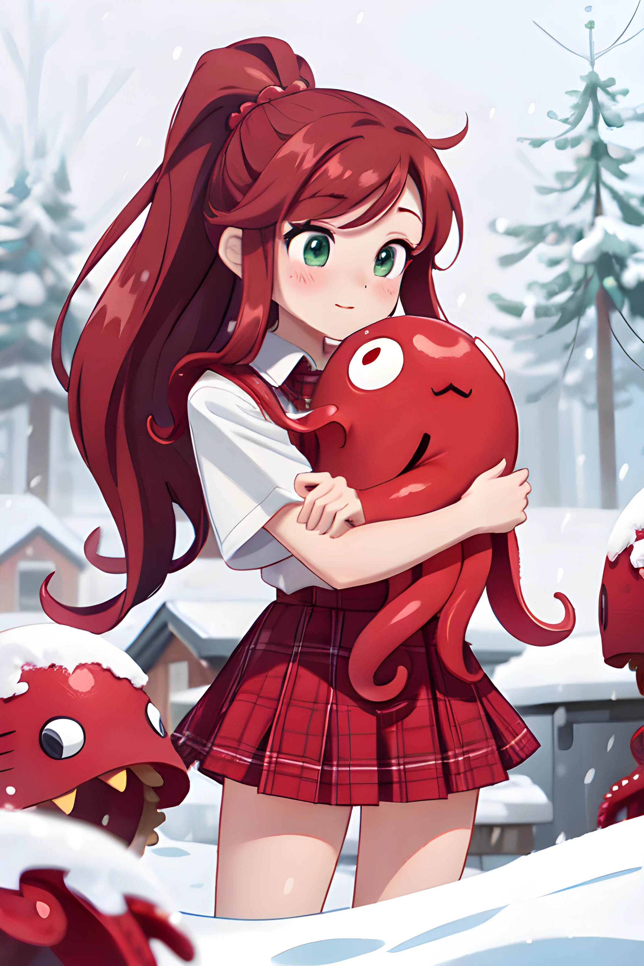*Clip Skip is on* Suzy Cogsworth(long flowing red tentacles in a long ponytail, green eyes) wearing a school uniform(red plaid mini skirt, white button up short sleeves shirt) hugging a tentacle monster, outside in a strong snow storm, cold and freezing