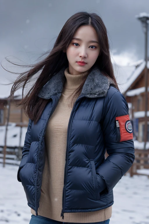 masterpiece, best quality, ultra-detailed, ultra high res, (photorealistic:1.4), raw photo, (realistic:0.2), CG, 8k HDR, perfect lighting, 1girl, solo, looking at viewer, (winter clothes, padded jacket), outdoor, (snow, snowflakes), night, scattered cloud, aurora sky, upper body, lower body, asymmetrical long hair, (detailed oily skin, medium breasts:0.8), (detailed face), (detailed background :1.1), hands in pocket, cold weather, closed mouth,