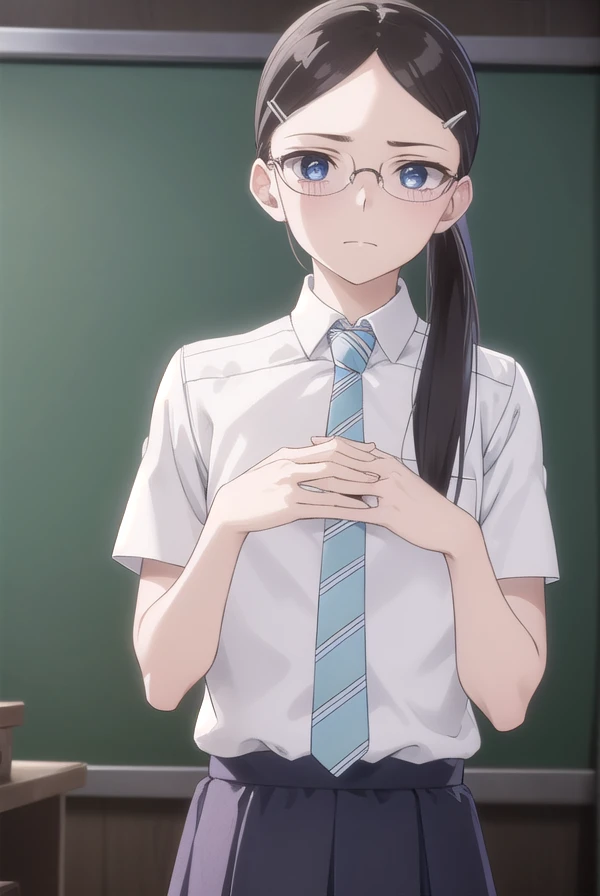 rikasonezaki, <lora:rika sonezaki s1-lora-nochekaiser:1>,
rika sonezaki, long hair, black hair, hair ornament, glasses, hairclip, (grey eyes:1.3), (parted bangs:1.5), (forehead:1.2), (ponytail:1.2),
BREAK skirt, shirt, school uniform, white shirt, short sleeves, necktie, striped, collared shirt, shirt tucked in, striped necktie,
BREAK indoors, classroom,
BREAK looking at viewer, (cowboy shot:1.5),
BREAK <lyco:GoodHands-beta2:1>, (masterpiece:1.2), best quality, high resolution, unity 8k wallpaper, (illustration:0.8), (beautiful detailed eyes:1.6), extremely detailed face, perfect lighting, extremely detailed CG, (perfect hands, perfect anatomy),