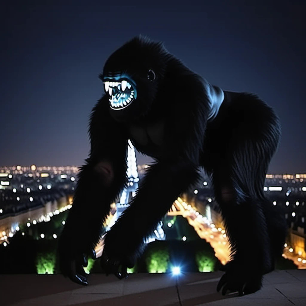 cinematic photo a black gorilla monster climbing the eiffel tower, glowing teeth, night <lora:AttackAlien1024:0.6> . 35mm photograph, film, bokeh, professional, 4k, highly detailed