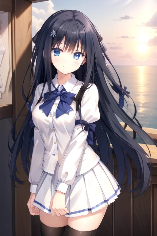 ((masterpiece)),(best quality),official art,extremely detailed CG,unity 8k wallpaper,ultra detailed,beautiful detailed eyes,extremely detailed face,A lighthouse on a cliff by the sea,1girl,solo,cowboy shot,looking at viewer,facing viewer,smile,very long hair,black hair,hair ribbon,hair bow,hair flower,sidelocks,bangs,blue eyes,school uniform,long sleeves,white shirt,puffy detached sleeves,black bow,black ribbon,large breasts,white skirt,pleated skirt,frilled skirt,black thighhighs, mary janes,<lora:Tsugihana Misumi(pa):0.8>,