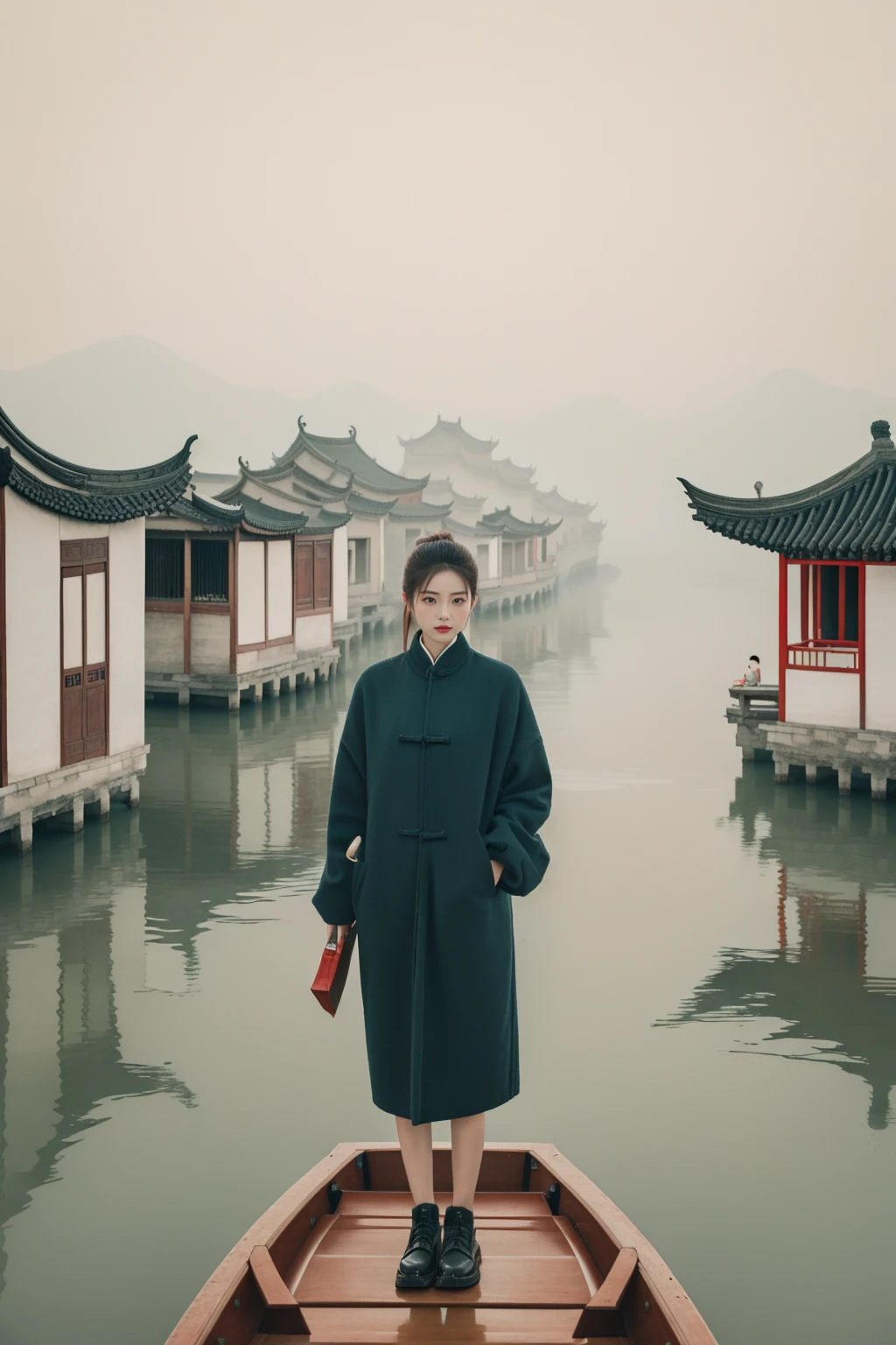(1girl:1.2),Standing on a small boat, enjoying the beautiful scenery,(looking at viewer:1.2),tranquil mood,balanced layout,cultural heritage,masterpiece,8k,incredibly_absurdres,best quality,<lora:guohua_20240130124050-000014:0.7>,guohua,