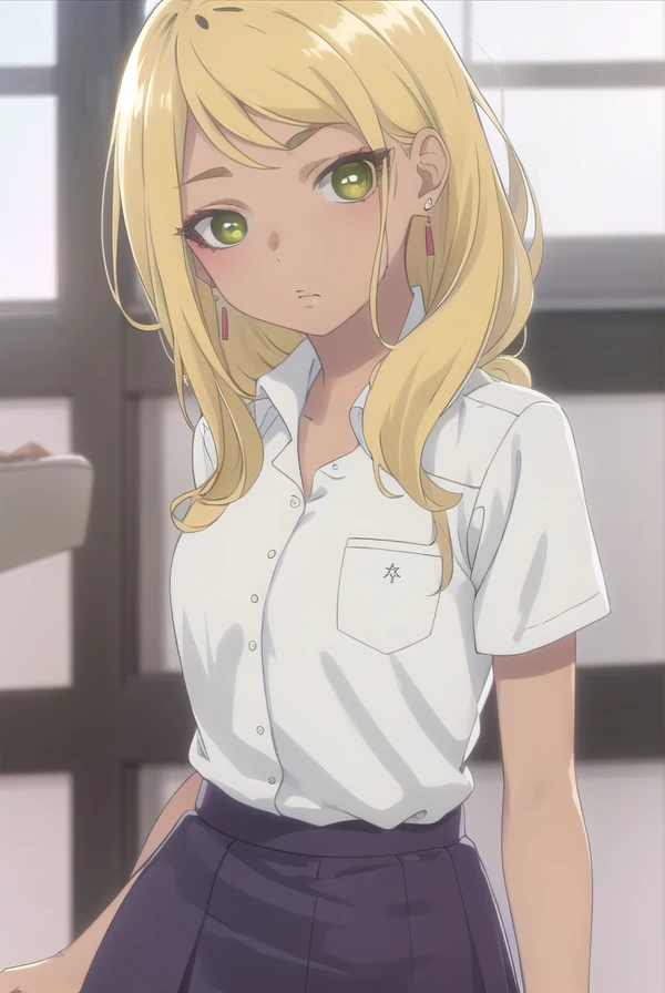 sonoejuujou, <lora:sonoe juujou s1-lora-nochekaiser:1>,
sonoe juujou, long hair, blonde hair, (green eyes:1.3), dark skin, dark-skinned female,
BREAK earrings, skirt, shirt, school uniform, white shirt, short sleeves, collared shirt, shirt tucked in,
BREAK indoors, classroom,
BREAK looking at viewer, (cowboy shot:1.5),
BREAK <lyco:GoodHands-beta2:1>, (masterpiece:1.2), best quality, high resolution, unity 8k wallpaper, (illustration:0.8), (beautiful detailed eyes:1.6), extremely detailed face, perfect lighting, extremely detailed CG, (perfect hands, perfect anatomy),