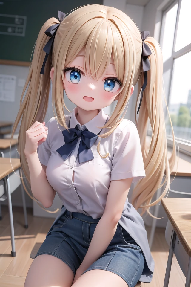 insanely detailed, absurdres, ultra-highres, ultra-detailed, best quality,
1 girl, solo, nice hands, perfect hands,
BREAK,
wearing summer school uniform, skirt,
evil smile, open mouth,
sitting,
45 angle, cowboy shot, looking at viewer,
BREAK,
slender, kawaii, perfect symmetrical face, ultra cute girl, ultra cute face, ultra detailed eyes, ultra detailed hair, ultra cute, ultra beautiful
BREAK,
indoors, in classroom,
blonde hair, twintails, blue eyes