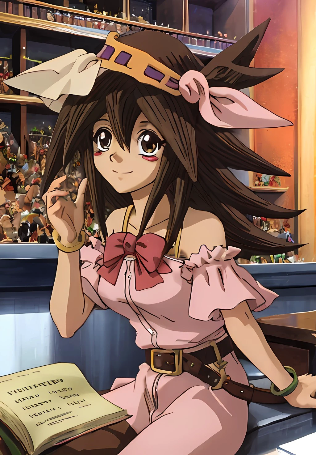 1girl, short hair, green eyes, ribbon, chocker, shirt, short sleeves, vest, navel, miniskirt, belt, wristband, orange thighhighs, pointing at viewer, sitting, on rooftop, medieval town, from below <lora:Merril XL:1>, score_9, score_8_up, score_7_up, score_6_up, score_5_up, score_4_up, BREAK source_anime, masterpiece