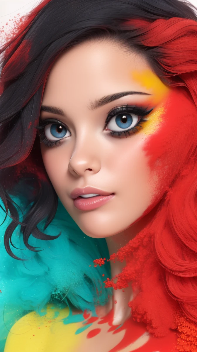 <lora:Sexy-Venezuelan:1> black wavy hair, black eyes, full lips, yellow powder, deep blue powder and red powder splashes on background, high quality photography, <lora:powder_v1.0:1>