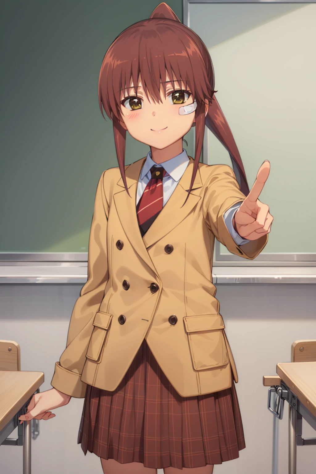 best quality, masterpiece, detailed,
<lora:KissXSis_SuminoeRiko:0.9>, Riko,
1girl, closed mouth, smile,
brown hair, brown eyes, ponytail, bandaid on face, sidelocks,
RikoSchool, jacket, white shirt, necktie, skirt,
standing, looking at viewer,
classroom, table, chalkboard