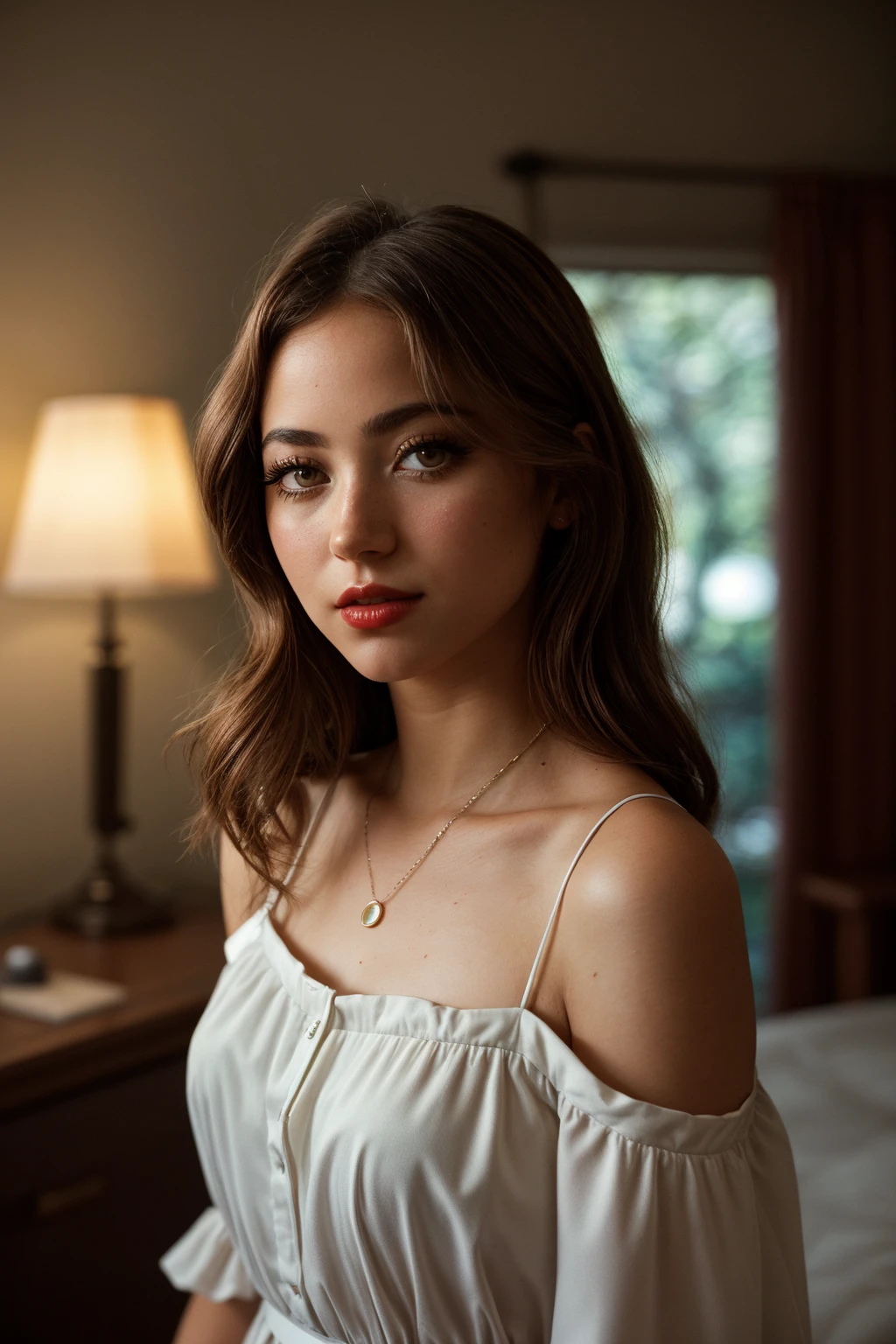 photo of (EPJ4n1c3R1v3r4:0.99), closeup portrait, perfect hair, (modern photo, Cold-shoulder blouse with a halter neckline and flowy silhouette), 24mm, (analog, cinematic, film grain:1.3), (([augmented reality data hub,  magnetic levitation structural support, luminescent deep-sea creatures,starlight, wall-mounted lanterns| bedroom, (plush)], gradient:1.1)), ((detailed eyes)), ((eyeliner, long lashes)), (epicPhoto), long eyelashes, (perfect waist), (painted lips)