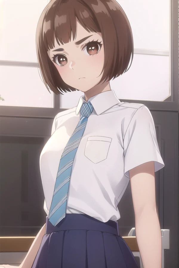 kazusaonodera, <lora:kazusa onodera s1-lora-nochekaiser:1>,
kazusa onodera, short hair, bangs, brown hair, (brown eyes:1.5), blunt bangs, bob cut, thick eyebrows,
BREAK skirt, shirt, school uniform, white shirt, short sleeves, necktie, striped, collared shirt, shirt tucked in, striped necktie,
BREAK indoors, classroom,
BREAK looking at viewer, (cowboy shot:1.5),
BREAK <lyco:GoodHands-beta2:1>, (masterpiece:1.2), best quality, high resolution, unity 8k wallpaper, (illustration:0.8), (beautiful detailed eyes:1.6), extremely detailed face, perfect lighting, extremely detailed CG, (perfect hands, perfect anatomy),