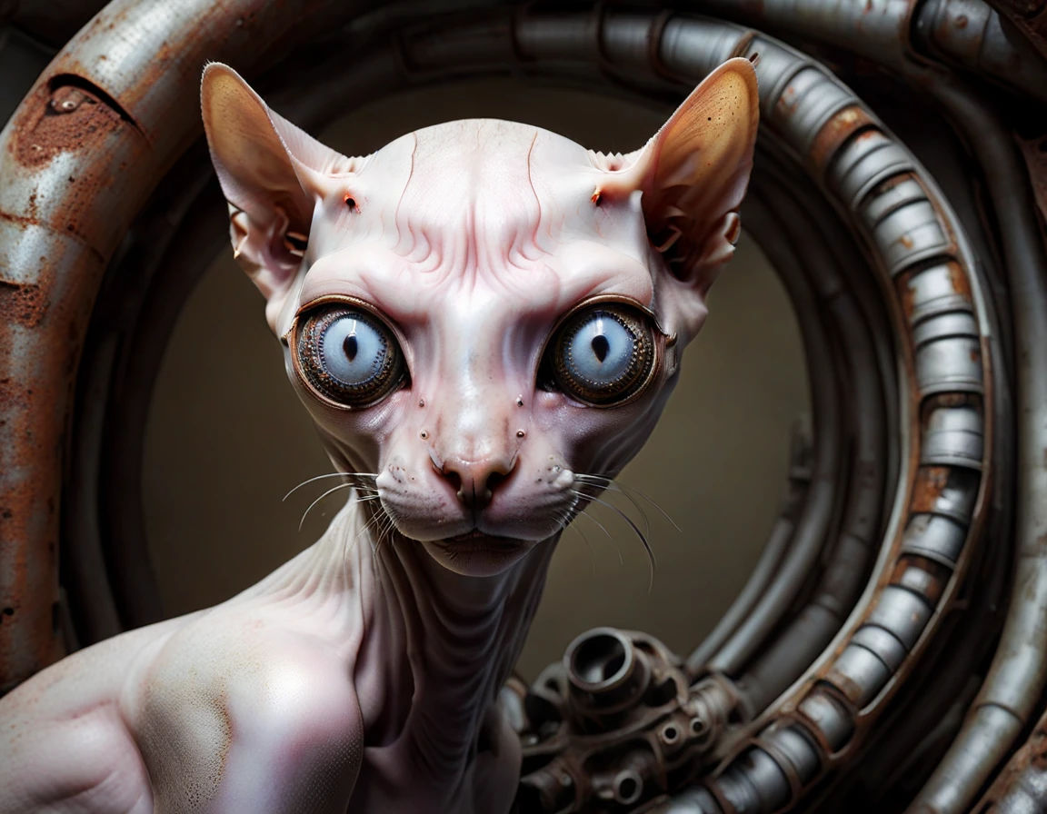 portrait of a lotech hairless cat with eye implants, surrounded by rusty pipes