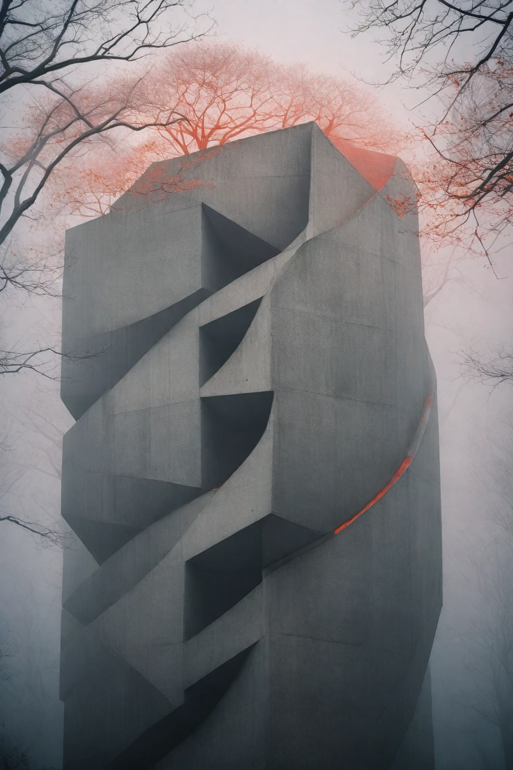 brutalist inspire geometric form made from intertwined twisted trees clustered together, in the background is an elaborate red orange and light pink  surrounded by a dark and moody mist of dark gray fog, in the style of Kodak Portra 100 film with an f-stop f/28 long exposure