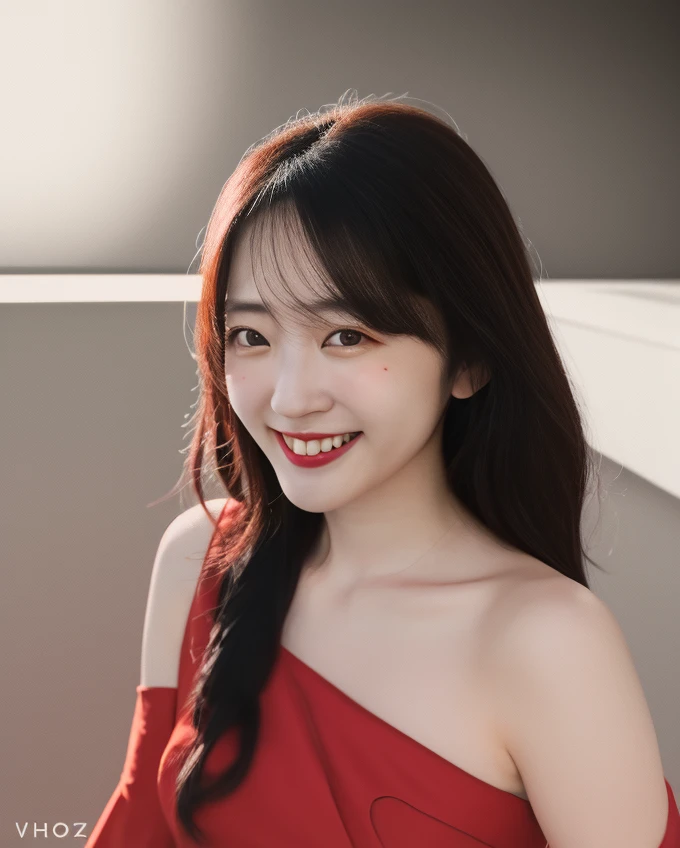 a beautiful picture of Suzuk1Air1_v2, masterpiece, photorealistic, woman, detailed, 4k, light, RAW color photo,(fully in frame:1.1), (goosebumps:0.5),asian,idol,smiling <lora:Suzuk1Air1:0.98> wearing a red dress