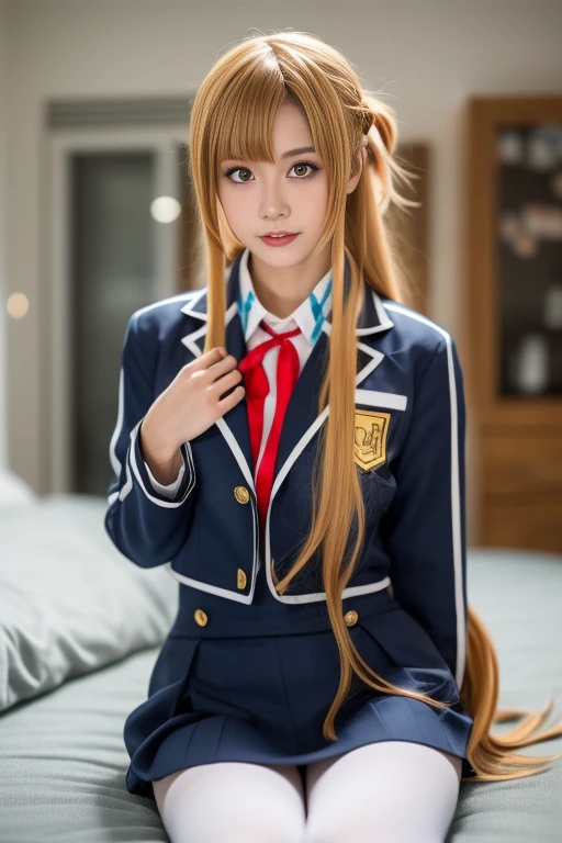 ltra-detailed,highly detailed,best quality,masterpiece,illustration,realistic,photorealistic,
1girl, solo, cosplay, 
yuuki asuna, school uniform, neck ribbon, jacket, collared shirt, skirt, 
long sleeves, buttons, 
long blonde hair, bangs, braid,hair slicked back, french braid,
looking at viewer, lying, 
photo background, indoors, bedroom, 
<lora:yuuki asuna_v1_05:0.8>