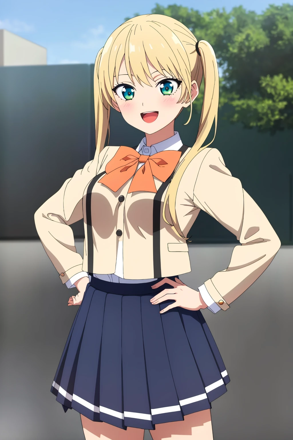 ((best quality)),((highly detailed)),masterpiece,absurdres,detailed face,beautiful face,(detailed eyes, deep eyes),1girl,((dynamic pose)) ,<lora:mirikaV1.4-000009:0.7>mirika,, solo, skirt,outdoor background, blonde hair, open mouth, school uniform, twintails, hand on hip, long hair, smile, pleated skirt, bow, blue skirt, looking at viewer, shirt, bowtie, long sleeves, :d, jacket, bangs, standing, blush, green eyes, white shirt, buttons, orange bow, hand on own chest, aqua eyes, <lora:add_detail:0.1>