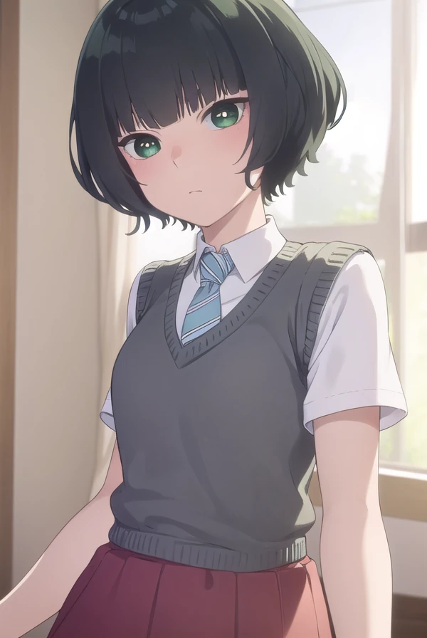 hitohahongou, <lora:hitoha hongou s1-lora-nochekaiser:1>,
hitoha hongou, short hair, bangs, black hair, (green eyes:1.3), blunt bangs,
BREAK shirt, school uniform, white shirt, short sleeves, necktie, sweater vest, blue necktie, skirt, red skirt,
BREAK indoors, classroom,
BREAK looking at viewer, (cowboy shot:1.5),
BREAK <lyco:GoodHands-beta2:1>, (masterpiece:1.2), best quality, high resolution, unity 8k wallpaper, (illustration:0.8), (beautiful detailed eyes:1.6), extremely detailed face, perfect lighting, extremely detailed CG, (perfect hands, perfect anatomy),