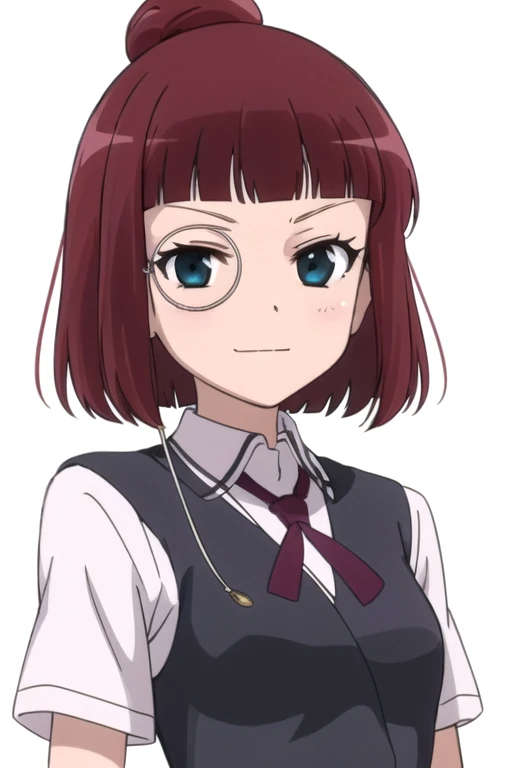 solo, 1girl, looking at viewer, 2D, anime, anime coloring, upper body, (solid white background:1.3), <lora:sae-saki:0.7>, sae usuzawa, monocle, school uniform, looking at viewer, smirk