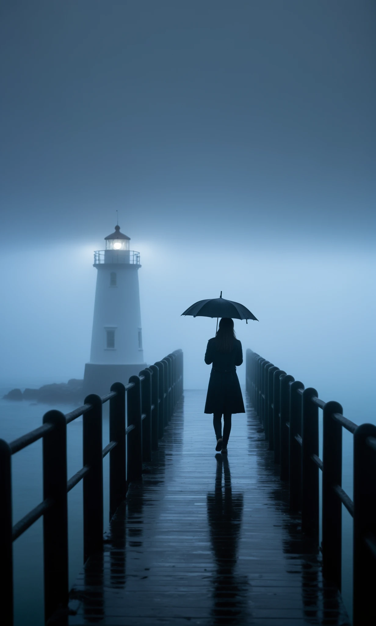 girl,cool,rain,cloudy,fog,medium,cool,dull,lonely,pier,bay,lighthouse,seaside,
The dim light shines in the fog,and the figure stands in the fog holding an umbrella,