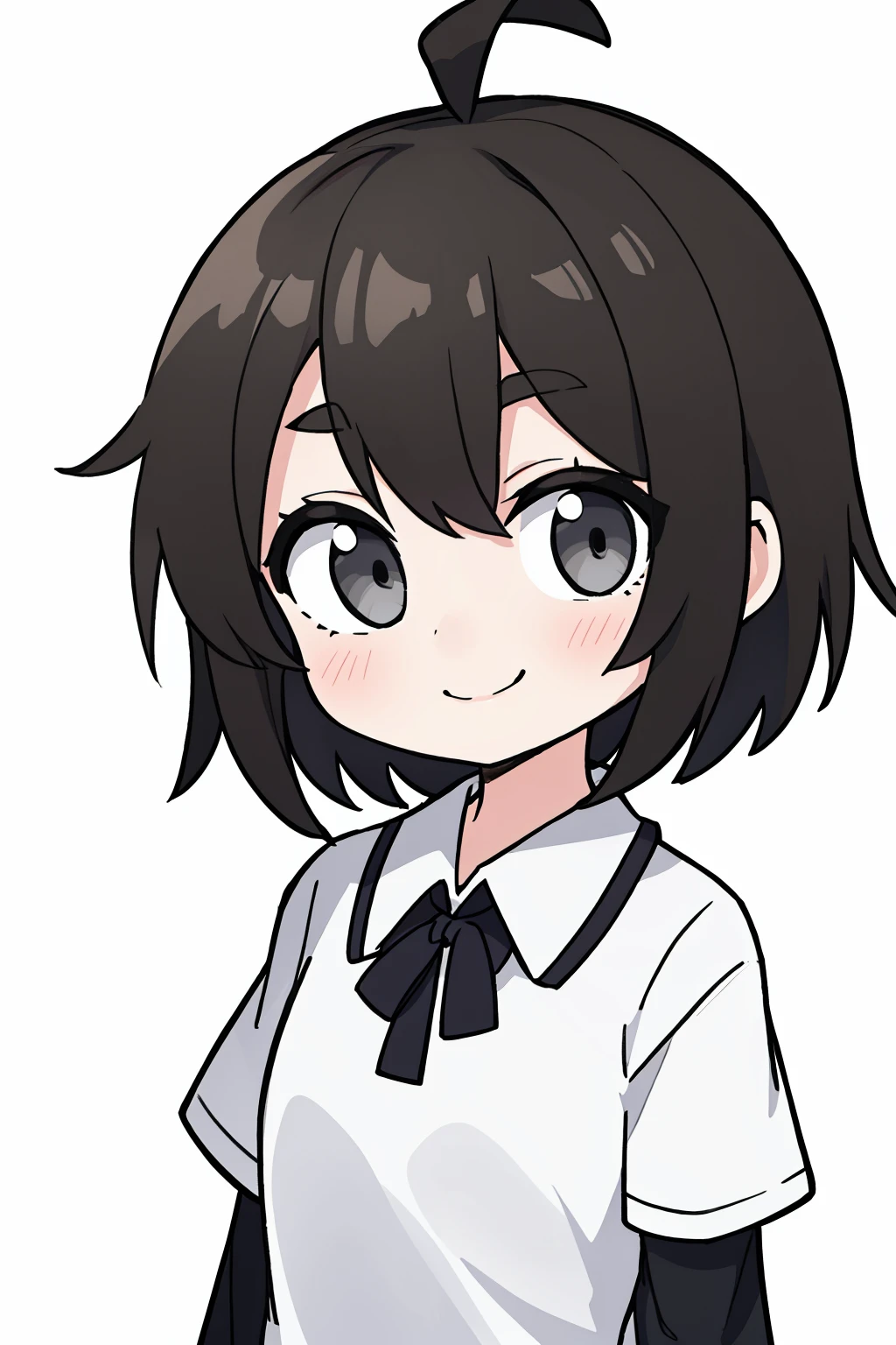 1girl, solo, upper_body, smile, grey_eyes, ahoge, bangs, short_hair, eyebrows_visible_through_hair, wing_collar, white_shirt, looking_at_viewer, simple_background, white_background