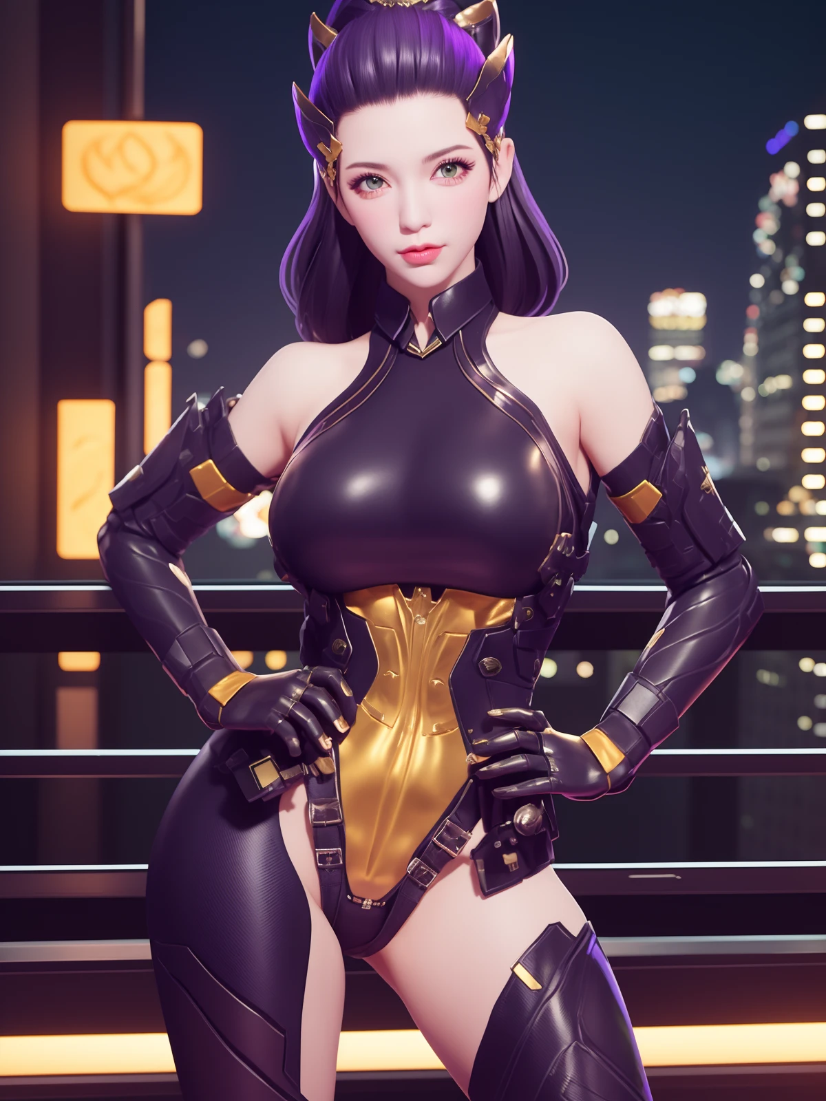 CFwumengmengLHWZ, 1girl, solo, thighhighs, purple hair, long hair, breasts,looking at viewer,asymmetrical legwear, leotard, elbow gloves,bare shoulders, lips, green eyes,science fiction,hair ornament, <lora:CFwumengmengLHWZ:0.75>,cityscape, night, ponytail,hair pulled back,