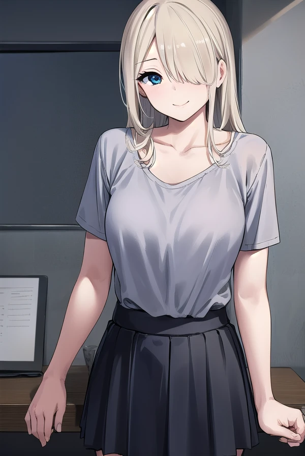 rumitakahashi, <lora:rumi takahashi manga-lora-nochekaiser:1>,
rumi takahashi, long hair, (hair over one eye:1.5), blonde hair, (grey eyes:1.3), smile, seductive smile,
BREAK skirt, shirt, collarbone, short sleeves, pleated skirt,
BREAK indoors,
BREAK looking at viewer, (cowboy shot:1.5),
BREAK <lyco:GoodHands-beta2:1>, (masterpiece:1.2), best quality, high resolution, unity 8k wallpaper, (illustration:0.8), (beautiful detailed eyes:1.6), extremely detailed face, perfect lighting, extremely detailed CG, (perfect hands, perfect anatomy),