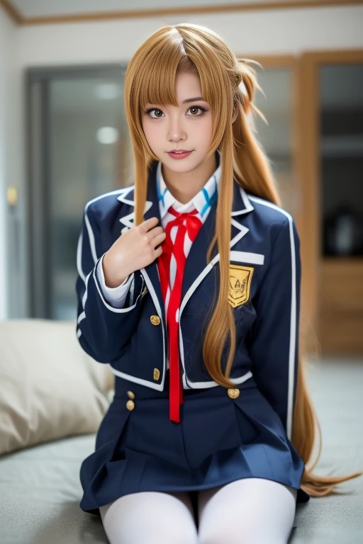 ltra-detailed,highly detailed,best quality,masterpiece,illustration,realistic,photorealistic,
1girl, solo, cosplay,
yuuki asuna, school uniform, neck ribbon, jacket, collared shirt, skirt,
long sleeves, buttons,
long blonde hair, bangs, braid,hair slicked back, french braid,
looking at viewer, lying,
photo background, indoors, bedroom,
<lora:yuuki asuna_v1_05:1.0>