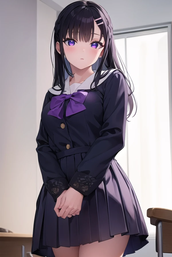 miyakoohtsuka, <lora:miyako ohtsuka manga-lora-nochekaiser:1>,
miyako ohtsuka, long hair, bangs, hair ornament, hairclip, black hair, (purple eyes:1.1),
BREAK skirt, long sleeves, school uniform, pleated skirt, serafuku, sailor collar,
BREAK indoors, classroom,
BREAK looking at viewer, (cowboy shot:1.5),
BREAK <lyco:GoodHands-beta2:1>, (masterpiece:1.2), best quality, high resolution, unity 8k wallpaper, (illustration:0.8), (beautiful detailed eyes:1.6), extremely detailed face, perfect lighting, extremely detailed CG, (perfect hands, perfect anatomy),