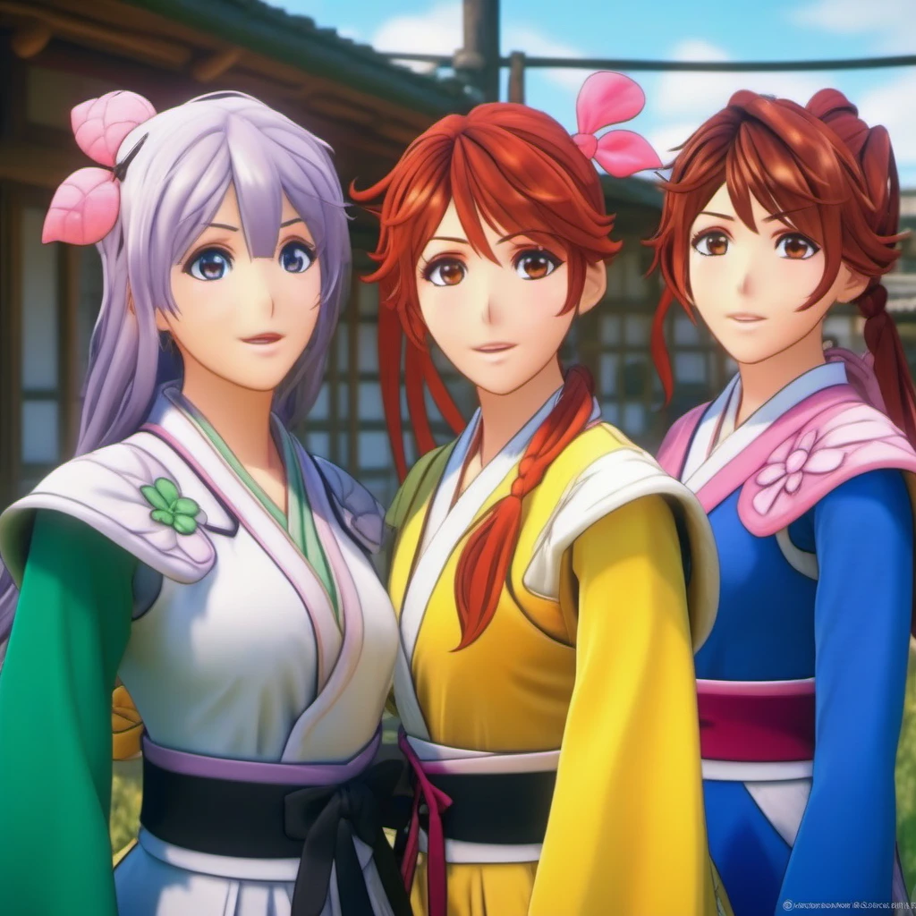 Ultra-realistic extremely detailed real life 8k masterpiece of a group of gorgeous women with different color hair in a village, epic background, extremely detailed eyes mouth and facial features, breathtaking epic lighting, cinematic composition, sakura wars style <lora:sakura wars style:1>