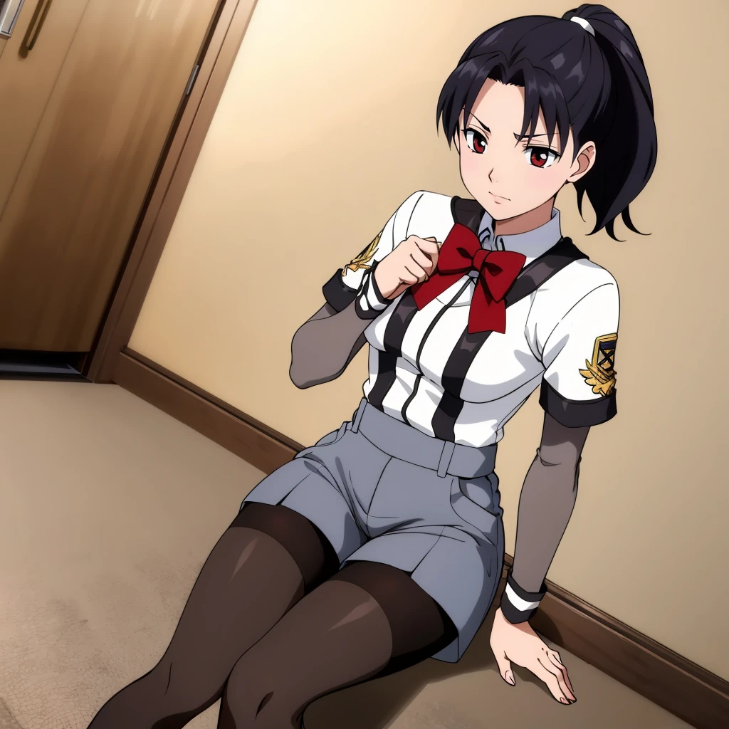 <lora:MaiShibamura002:0.7>,
MaiShibamura,1girl,
uniform,bow,emblem,shirt tuck-in,
shorts,
pantyhose,socks,