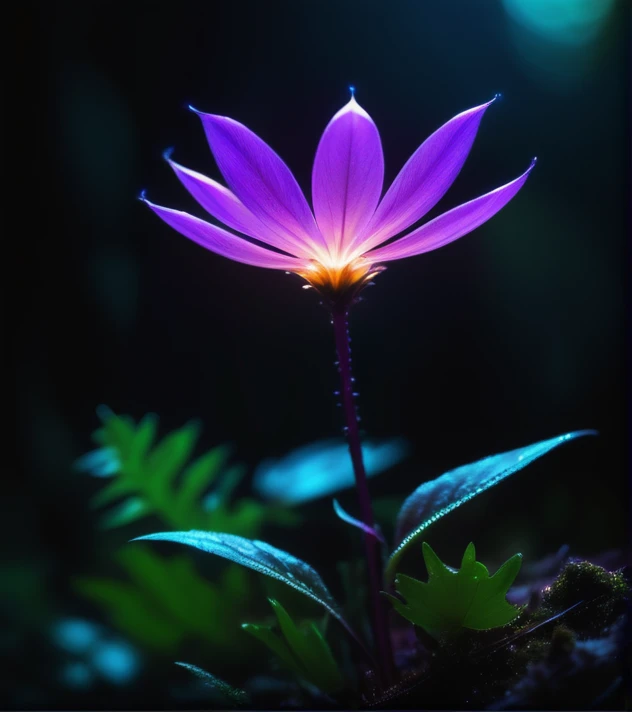 bioluminescent purple flower,fabulous night forest,magical radiance,Concept art,depth of field,Raw photo,realistic,cinematic lighting,soft shadows,sharp focus,fractal,colorful,depth of field,best quality,16k resolution,vivid colors,volumetric lighting,