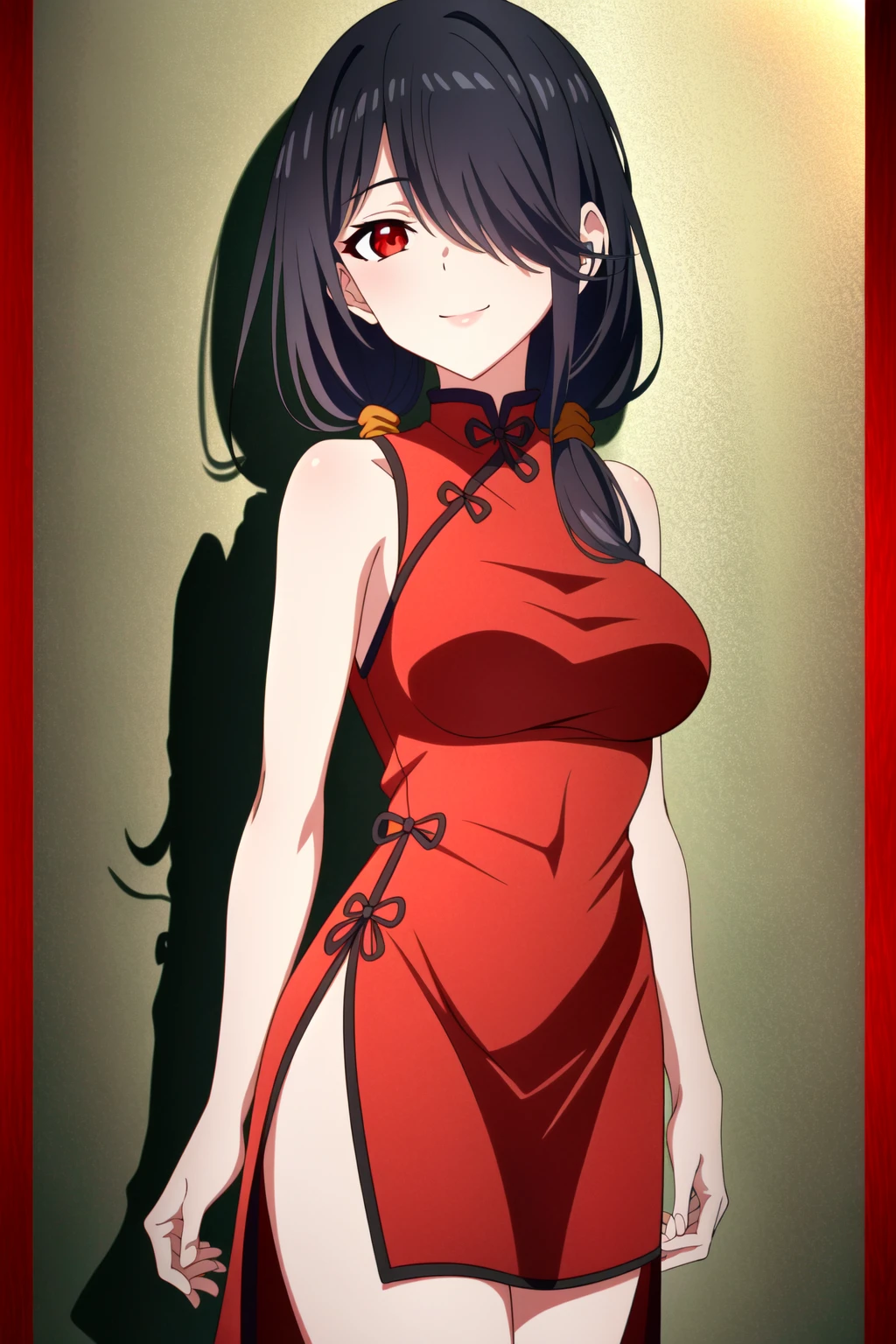 masterpiece, best quality, 4k, 8k, 1girl, solo, long hair, blunt bangs, side braid, black hair, droopy eyes, big eyes, ruby red eye, lemon yellow eye, heterochromia, slender frame, evil smile, large breasts, ofuda, jiangshi costume:1.2, fang, horror, coffin, forest, midnight, fog, from front, cowboy shot, look at viewer, paw pose,