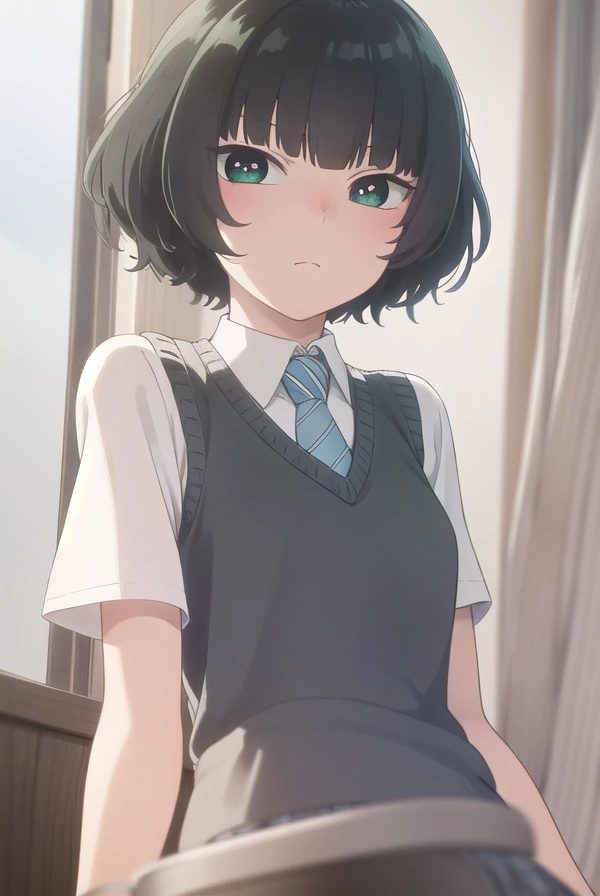 hitohahongou, <lora:hitoha hongou s1-lora-nochekaiser:1>,
hitoha hongou, short hair, bangs, black hair, (green eyes:1.3), blunt bangs,
BREAK shirt, school uniform, white shirt, short sleeves, necktie, sweater vest, blue necktie, skirt, red skirt,
BREAK indoors, classroom,
BREAK looking at viewer, (cowboy shot:1.5),
BREAK <lyco:GoodHands-beta2:1>, (masterpiece:1.2), best quality, high resolution, unity 8k wallpaper, (illustration:0.8), (beautiful detailed eyes:1.6), extremely detailed face, perfect lighting, extremely detailed CG, (perfect hands, perfect anatomy),