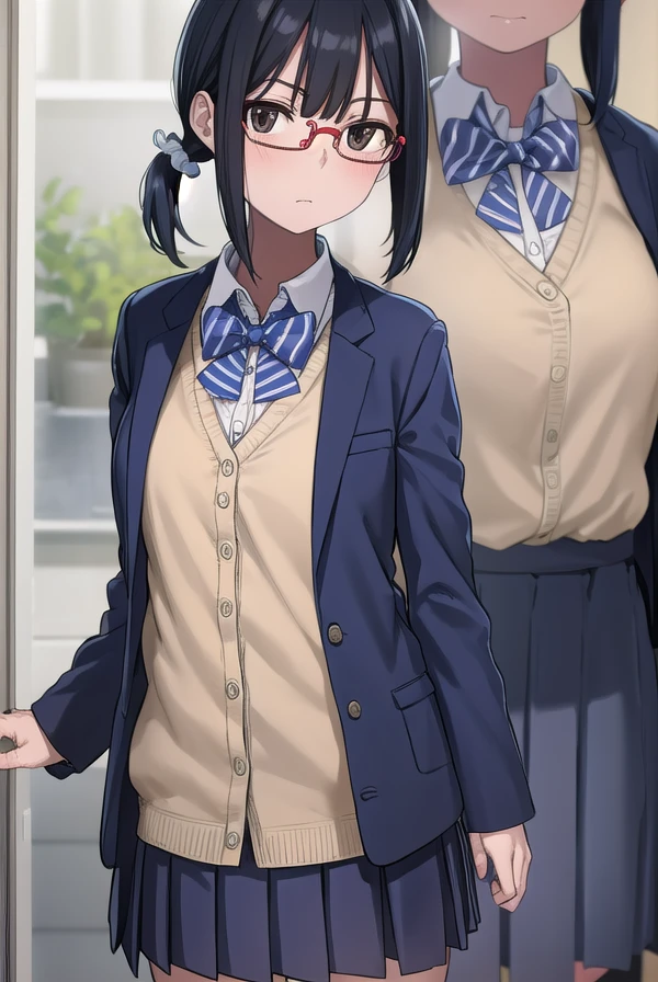 shihosayama, <lora:shiho sayama manga-lora-nochekaiser:1>,
shiho sayama, black hair, (brown eyes:1.5), glasses, twintails, short hair, scrunchie, hair scrunchie, red-framed eyewear,
BREAK skirt, shirt, long sleeves, bow, school uniform, pleated skirt, shoes, socks, bowtie, blue bow, cardigan,
BREAK indoors, classroom,
BREAK looking at viewer, (cowboy shot:1.5),
BREAK <lyco:GoodHands-beta2:1>, (masterpiece:1.2), best quality, high resolution, unity 8k wallpaper, (illustration:0.8), (beautiful detailed eyes:1.6), extremely detailed face, perfect lighting, extremely detailed CG, (perfect hands, perfect anatomy),